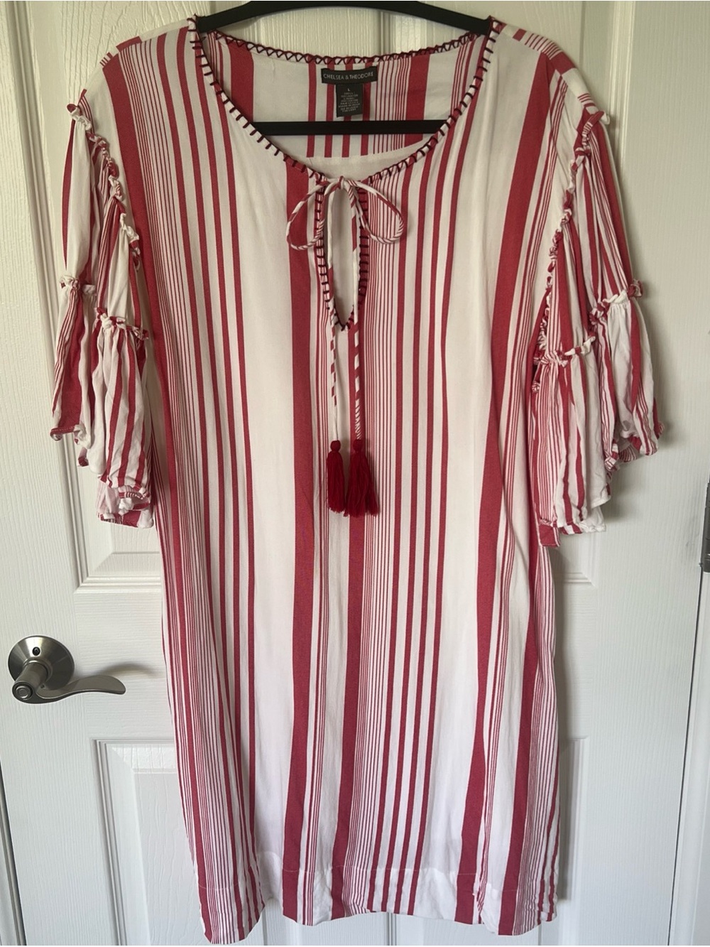 Chelsea & Theodore Red and White Striped Tassel Tie Midi Dress Women’s Size Larg